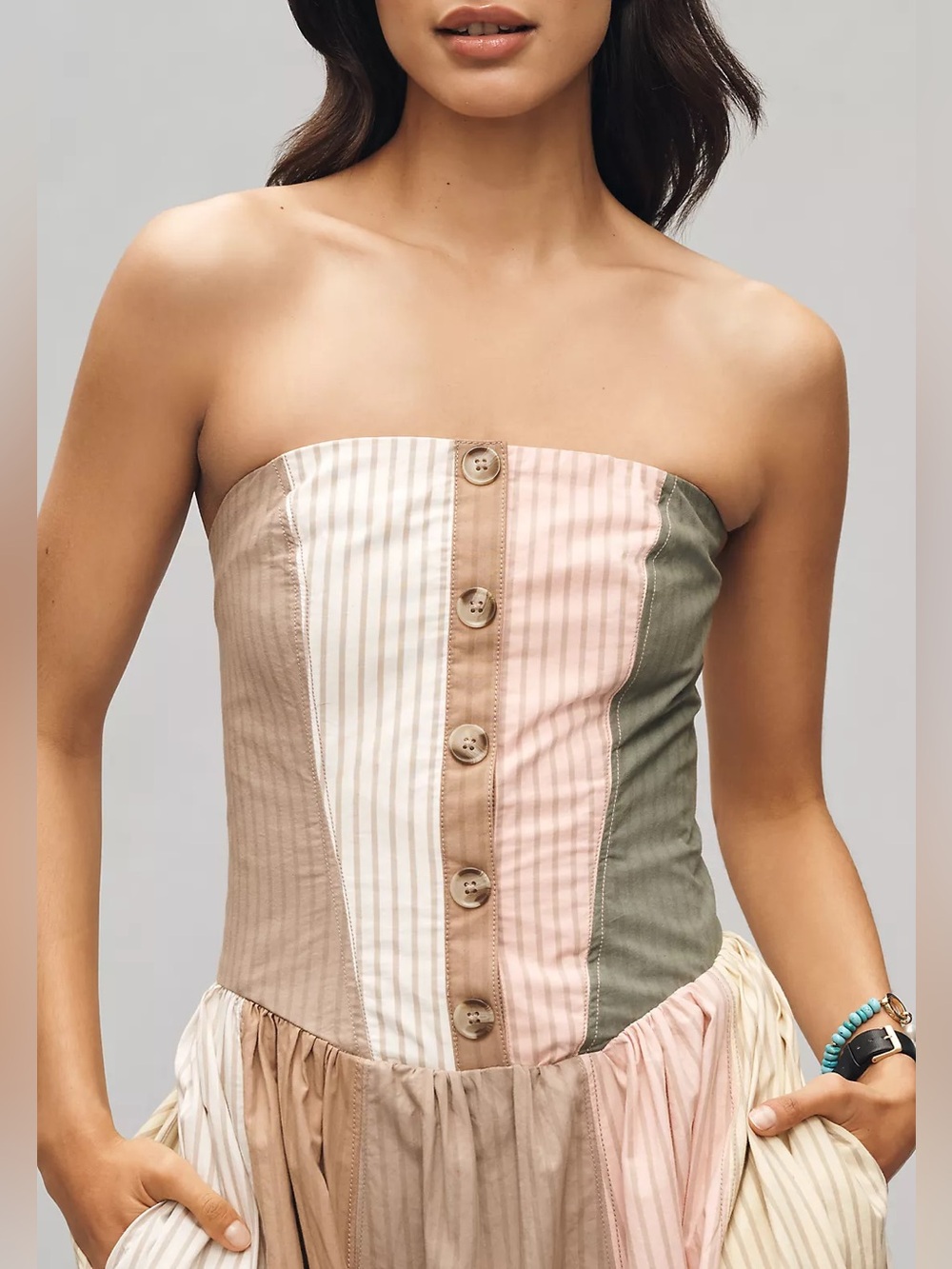 Maeve Strapless Patchwork Midi Dress in Pink, Beige & Olive - Picture 7 of 14